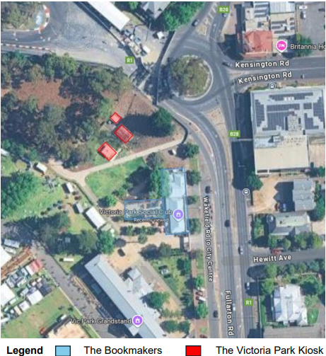 Aerial map showing the locations of The Bookmakers and The Victoria Park Kiosk.
