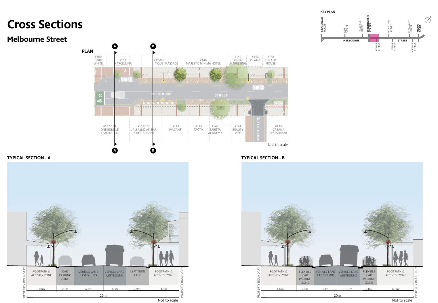 Cross section of the street; showing footpath and activity zones, carparking zones and vehicle lanes